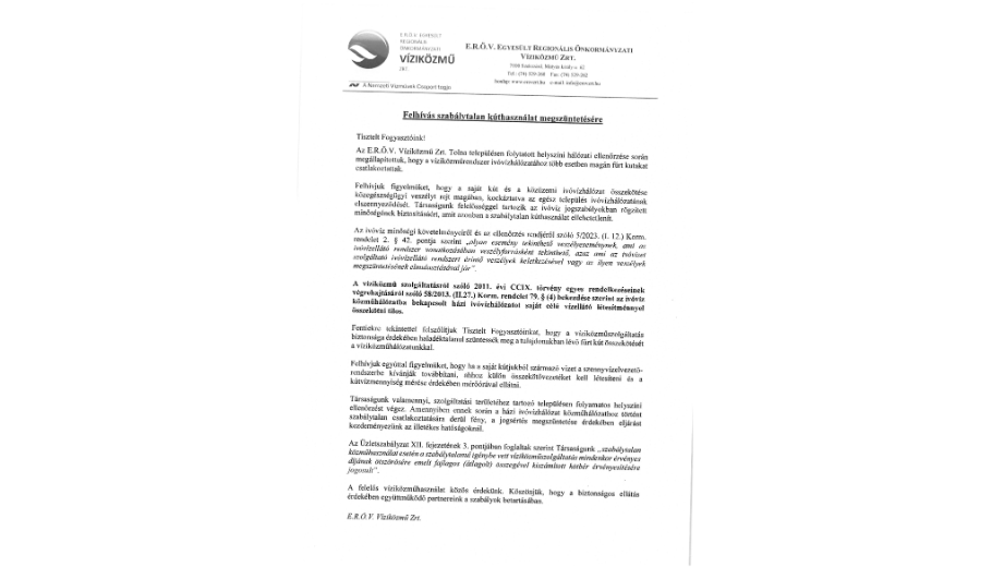 E.R.Ö.V. FELHÍVÁSA SZABÁLYTALAN KÚTHASZNÁLAT MEGSZÜNTETÉSÉRE