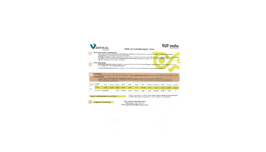 2026. ÉVI HULLADÉKNAPTÁR TOLNA