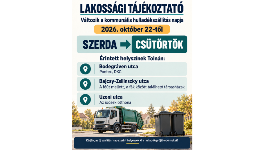 Változik a kommunális hulladékszállítás napja egyes tolnai helyszíneken